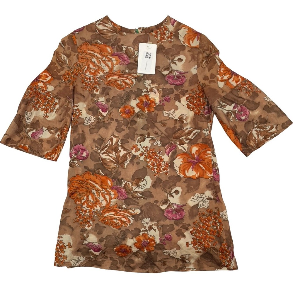Burning Torch Women's Tunic Floral Leopard Brown Silk Small
